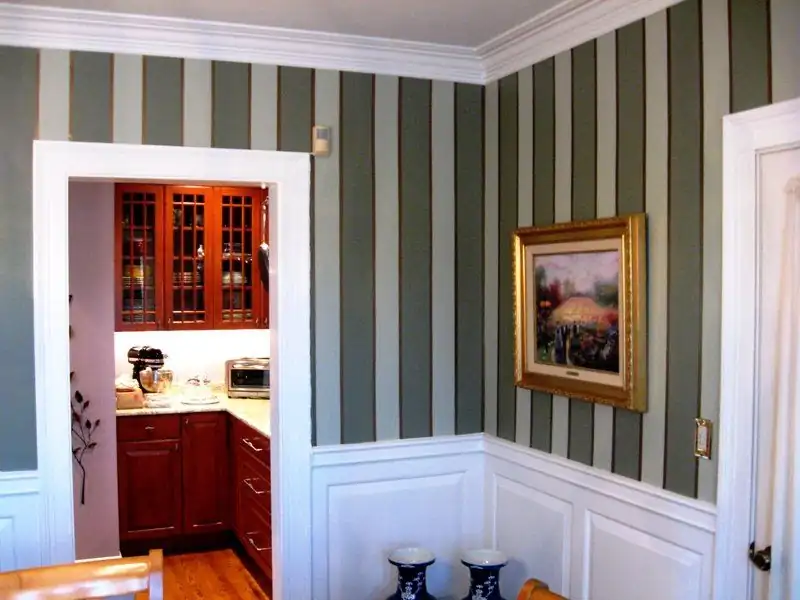 Sage stripes over wainscot: striping, dining room, painted by Renaissance Revival Painting