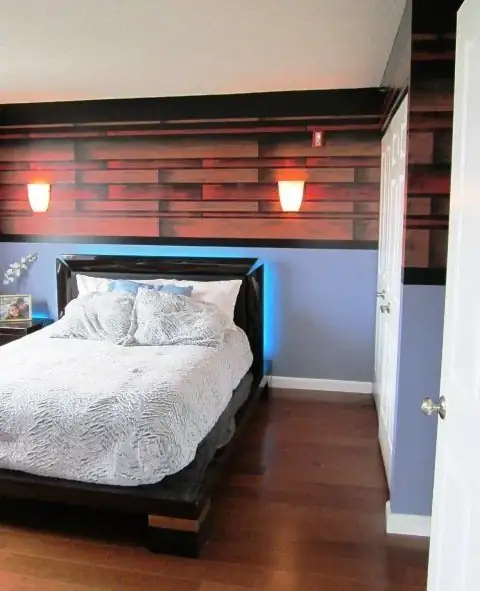 Planked headboard wall: faux wood, bedroom, painted by Renaissance Revival Painting
