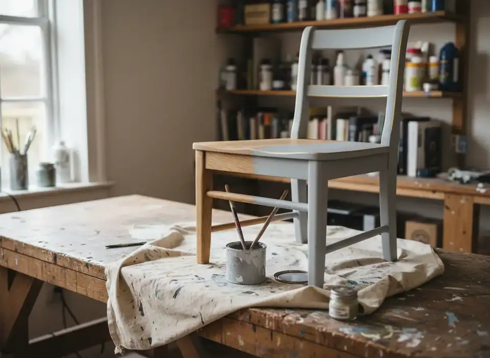 A ladder-back chair half sanded to bare oak and half repainted dove grey on a studio bench