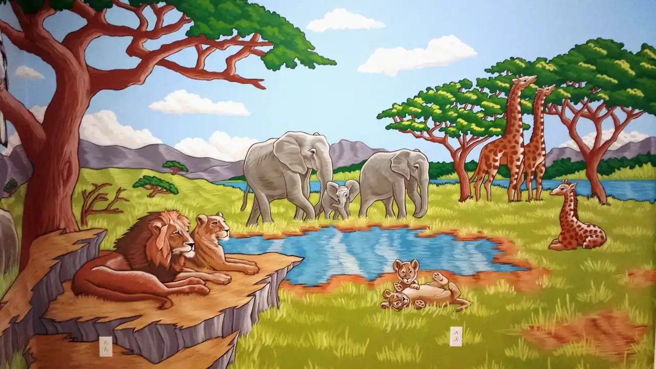 A full-wall savanna mural with elephants, giraffes and lions at a watering hole, painted by Renaissance Revival