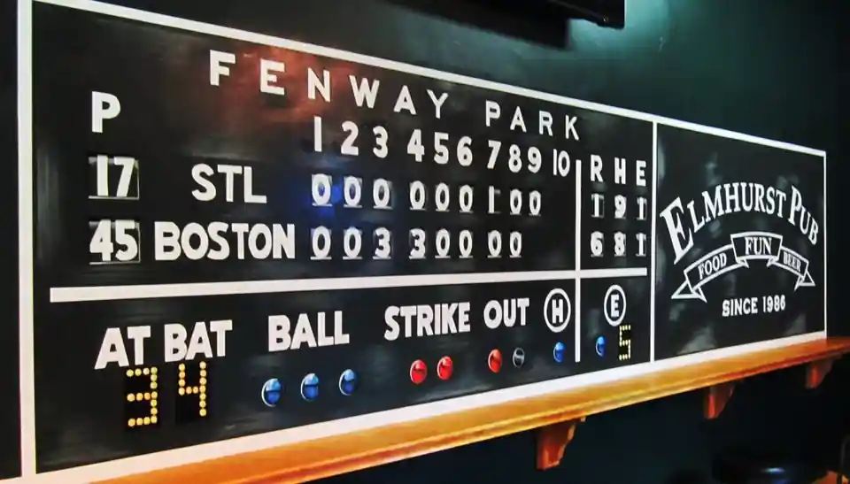 Ballpark scoreboard: hand-painted mural, pub wall, painted by Renaissance Revival Painting