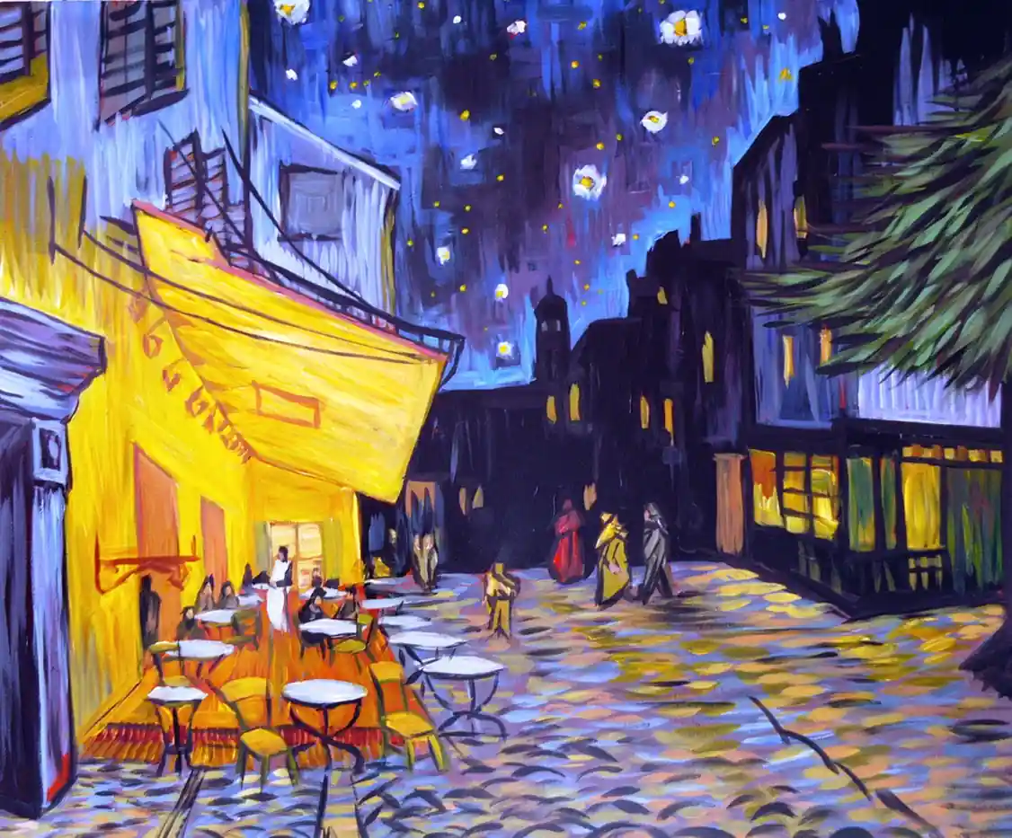 Detail of the cafe terrace mural: yellow awning, tables and a starry sky