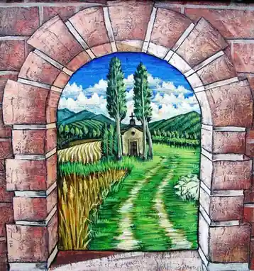 Arched window onto a cypress lane, a trompe l'oeil painting by Renaissance Revival