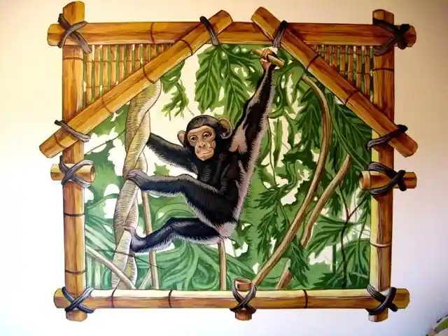 Monkey in a bamboo frame, a trompe l'oeil painting by Renaissance Revival