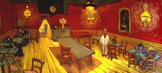 Night cafe interior, after Van Gogh: hand-painted mural, accent wall, painted by Renaissance Revival Painting