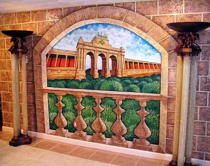Stone arch and balustrade, a trompe l'oeil painting by Renaissance Revival