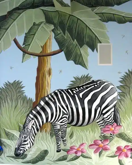 Zebra in the tall grass: hand-painted mural, full wall, painted by Renaissance Revival Painting