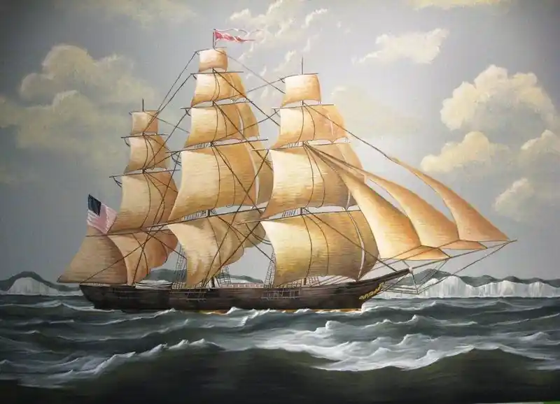 Clipper ship under full sail: hand-painted mural, accent wall, painted by Renaissance Revival Painting