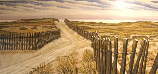 Dune fence down to the beach: hand-painted mural, accent wall, painted by Renaissance Revival Painting