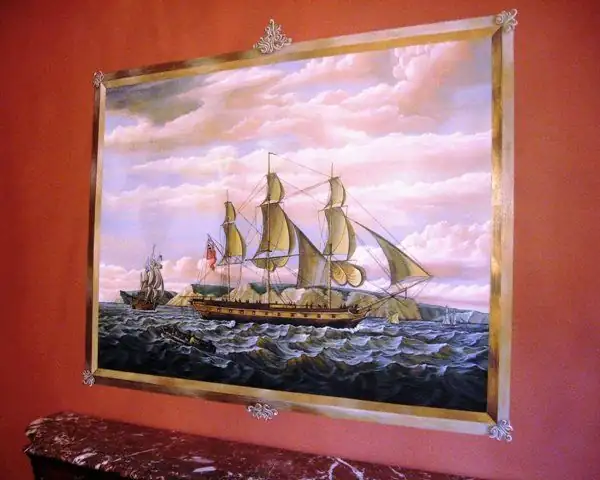 Clipper ship in a painted frame: trompe l'oeil frame, red wall, painted by Renaissance Revival Painting